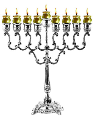 Ner Mitzvah Silver Oil Menorah, Olive Branches, 14 Inches High