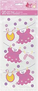 Unique Party Pink Clothesline Girl Baby Shower Cellophane Bags, 20ct