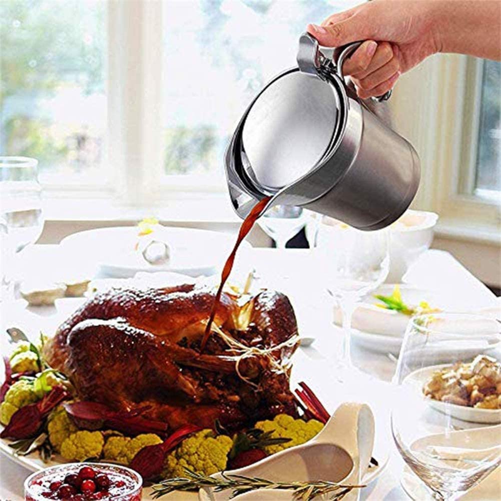 Dikedon Double Wall Gravy Boat, 16 oz Insulated Stainless Steel with Hinged Lid, Silver