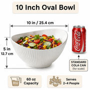 Hoilse Ceramic Serving Bowl with Wood Servers, 60oz Oval White