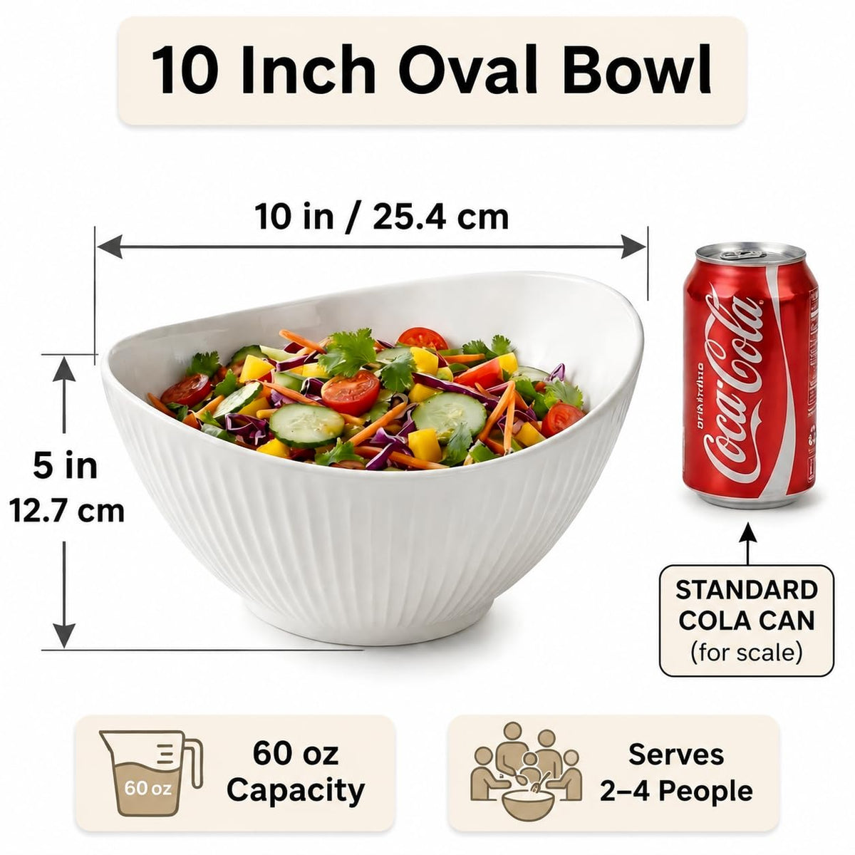 Hoilse Ceramic Serving Bowl with Wood Servers, 60oz Oval White