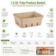 1.5 Qt. Molded Fiber Produce Basket – 8'' X 6'' Eco-Friendly Berry Container, Recyclable Biodegradable Pulp Basket, No PFAS Added, Ventilated, 200/Case