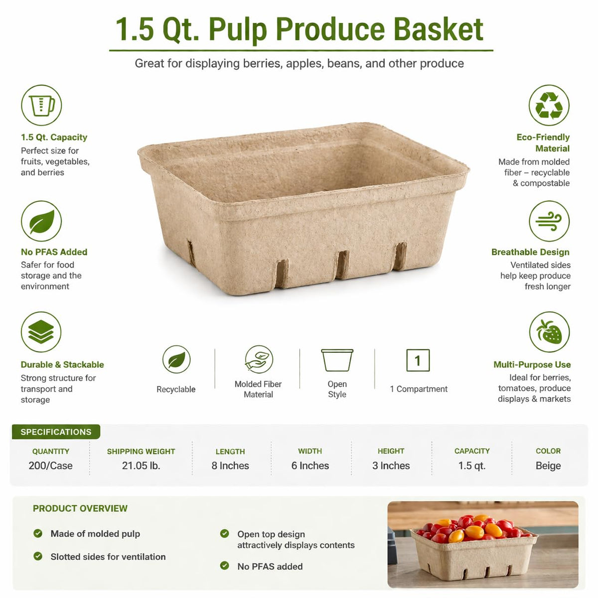1.5 Qt. Molded Fiber Produce Basket – 8'' X 6'' Eco-Friendly Berry Container, Recyclable Biodegradable Pulp Basket, No PFAS Added, Ventilated, 200/Case