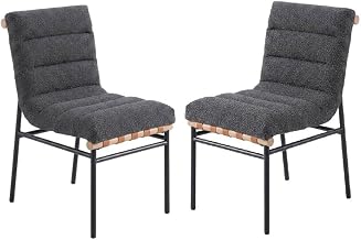 Furnifact Dark Gray Boucle Fabric Dining Chairs Set of 2 with Black Iron Legs, Contemporary Style, Comfortable Upholstery, Elegant Design for Modern Dining Room