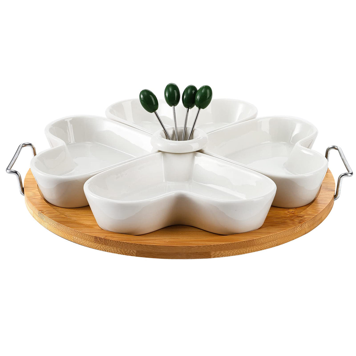 ZEAYEA Ceramic Divided Serving Tray with Picks, 11 Inch, White