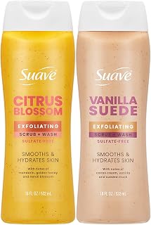 Suave Exfoliating Scrub + Wash Variety 2-Pack – Citrus Blossom & Vanilla Suede, Sulfate-Free Body Wash Set, 18 Oz Ea