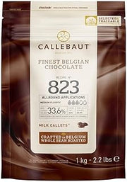 Callebaut No. 823 Finest Belgian Milk Chocolate Callets 1kg Bag | 33.6% min dry cocoa solids; 20.8% min dry milk solids; 36.2% fat; rich cocoa - balanced - milky - hints of caramel