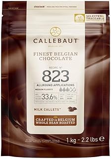 Callebaut No. 823 Finest Belgian Milk Chocolate Callets 1kg Bag | 33.6% min dry cocoa solids; 20.8% min dry milk solids; 36.2% fat; rich cocoa - balanced - milky - hints of caramel