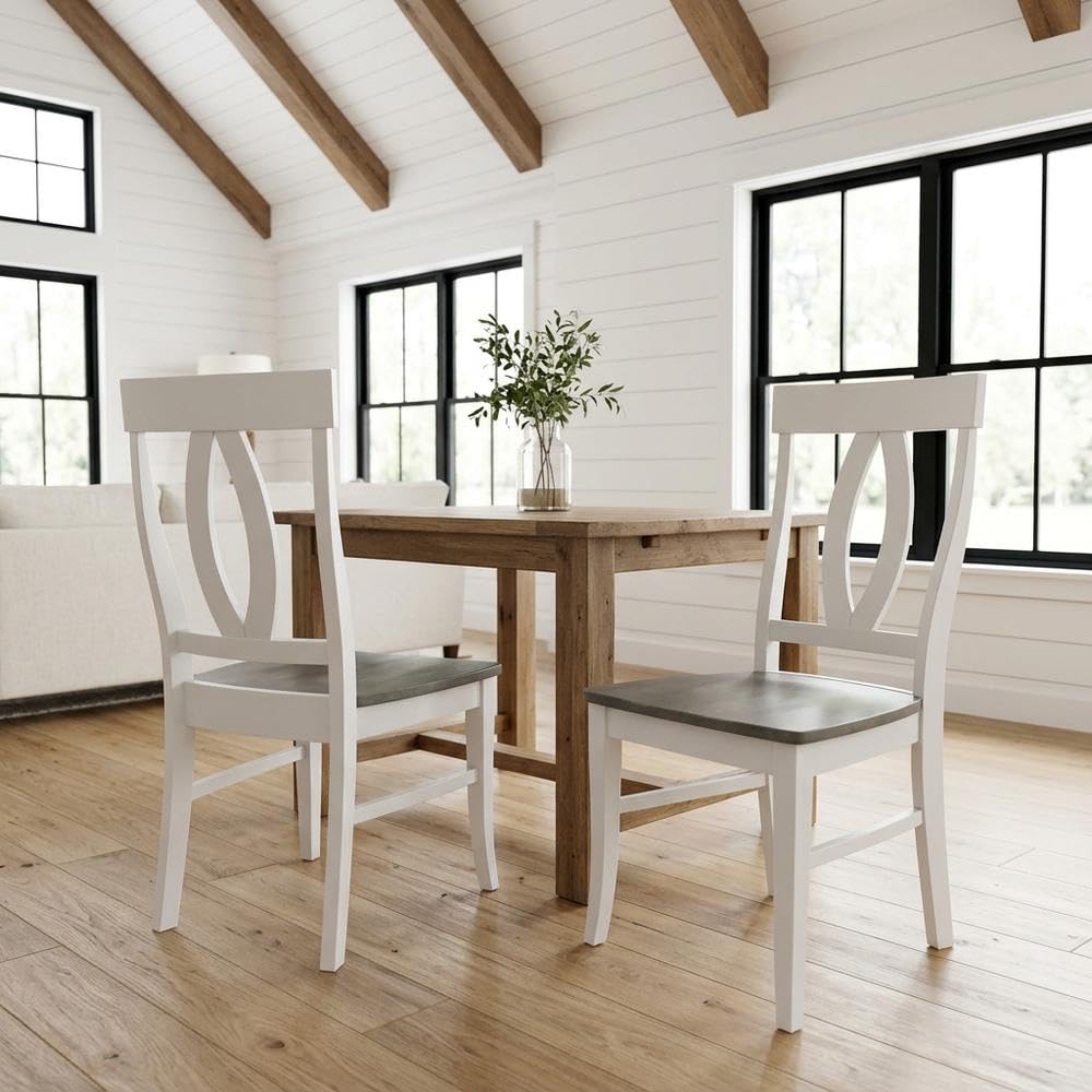 Solid Wood Dining Chair Set of Two with Hardwood Frame by Furnifact – Wood, White and Heather Gray, Pack of 2