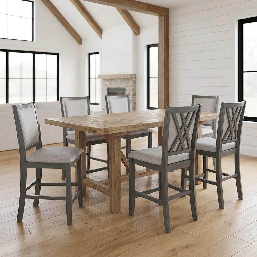 Solid Wood Dining Chairs with Polyester Seat by Starlight Canyon Home – Solid + Manufactured Wood, Polyester, Grey, Pack of 6