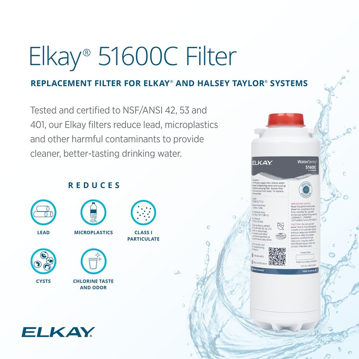 Genuine WaterSentry High Capacity Replacement Filter by Elkay – 1 Count (Pack of 1), Plastic, White, Model 51600C