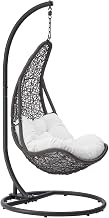 Modway Abate Wicker Rattan Outdoor Patio Porch Lounge Swing Chair Set with Stand in Gray White