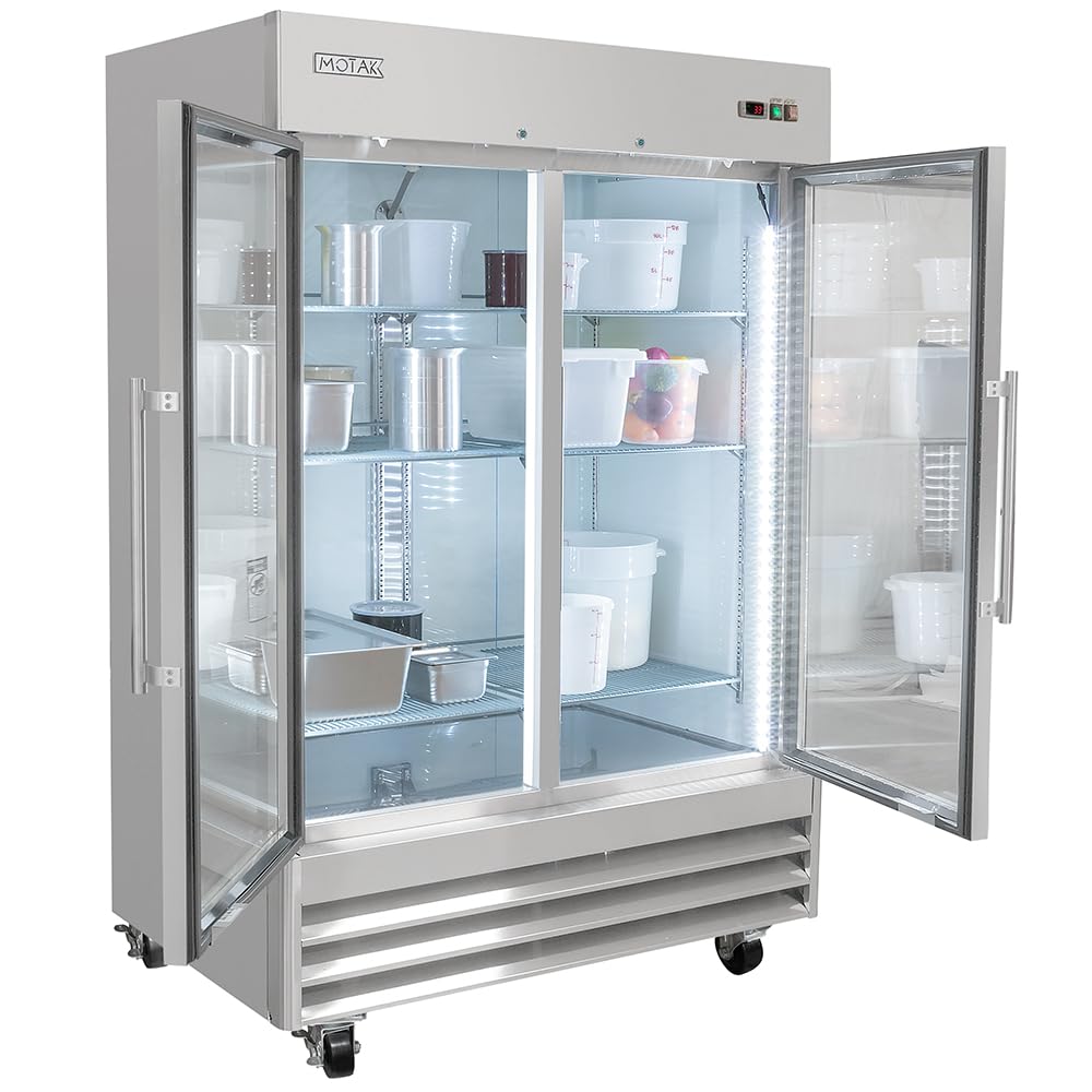 54" Two Section Reach In Refrigerator - (2) Left/Right Hinge Glass Doors by MOTAK – 56.69x35.04x83.46, In Description, Check Images, Model MSD-2DR-BAL-54-G-X