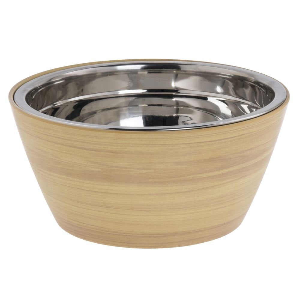 Serving Bowl Butcher Block Faux Wood Melamine with Stainless Steel Insert - 9 1/4" Dia x 4 1/4" H by HUBERT – Stainless Steel, Brown, Model 68259+43557