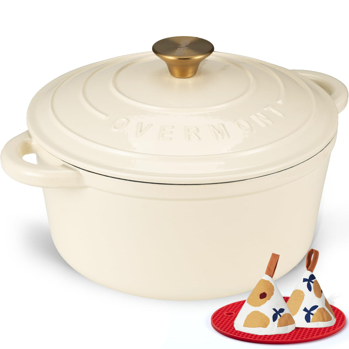 Overmont Cast Iron Dutch Oven, 7 Quart Capacity, Cream White
