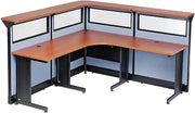 Global Industrial 80" W x 80" D x 46" H L-Shaped Reception Station with Window and Raceway, Cherry Counter/Blue Panel