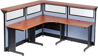 Global Industrial 80" W x 80" D x 46" H L-Shaped Reception Station with Window and Raceway, Cherry Counter/Blue Panel