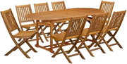 9-Piece Patio Set with Oil Finish, 8 Modern Slatted-Back Chairs, Round Wood-Top Coffee Table, Durable Outdoor Seating for Garden, Deck