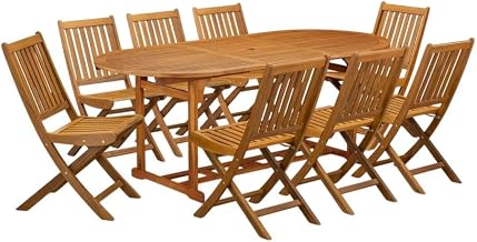 9-Piece Patio Set with Oil Finish, 8 Modern Slatted-Back Chairs, Round Wood-Top Coffee Table, Durable Outdoor Seating for Garden, Deck