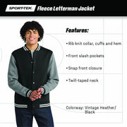 Unisex Fleece Letterman Jacket by SPORT-TEK – 3X-Large, Cotton, Graphite Heather/ Vintage Heather, Model 877562