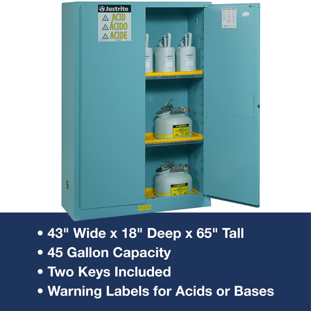 Acid Corrosive Storage Cabinet by Justrite – 45 Gallon, Galvanized Steel, Blue, Model 894502