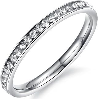 Womens 2mm Titanium Stainless Steel Channel Set CZ Inlay Silver Ring Engagement White Gold Band