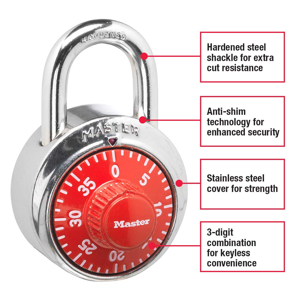 Locker Lock Combination Padlock by Master Lock – 1 Pack, Alloy Steel, Red, Model 1504D
