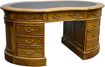 Solid Wood Executive Desk with Leather Top Kidney Shape, Vintage Walnut Writing Desk for Home Office, Light Brown