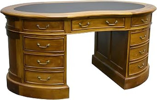 Solid Wood Executive Desk with Leather Top Kidney Shape, Vintage Walnut Writing Desk for Home Office, Light Brown