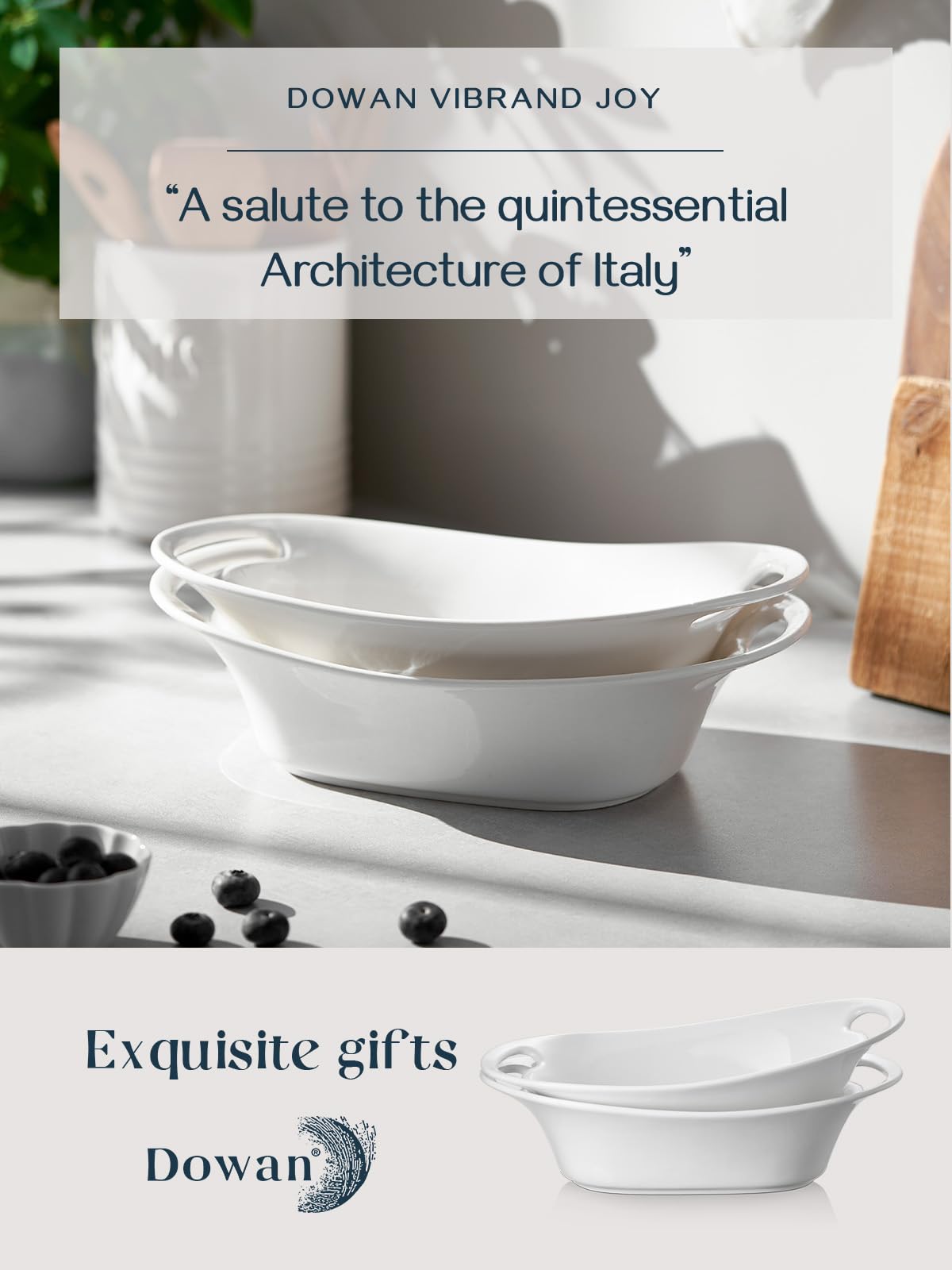 DOWAN Ceramic Serving Bowls, 60 Ounce Oval Platters with Handles, Soft White, Set of 2