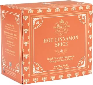 Harney & Sons Hot Cinnamon Spice Black Tea Bags, 40 Count | Black tea with cinnamon, orange peel and cloves. No added sugar. Contains caffeine.