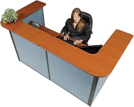 Global Industrial 88" W x 44"D x 44"H U-Shaped Reception Station, Cherry Counter/Blue Panel