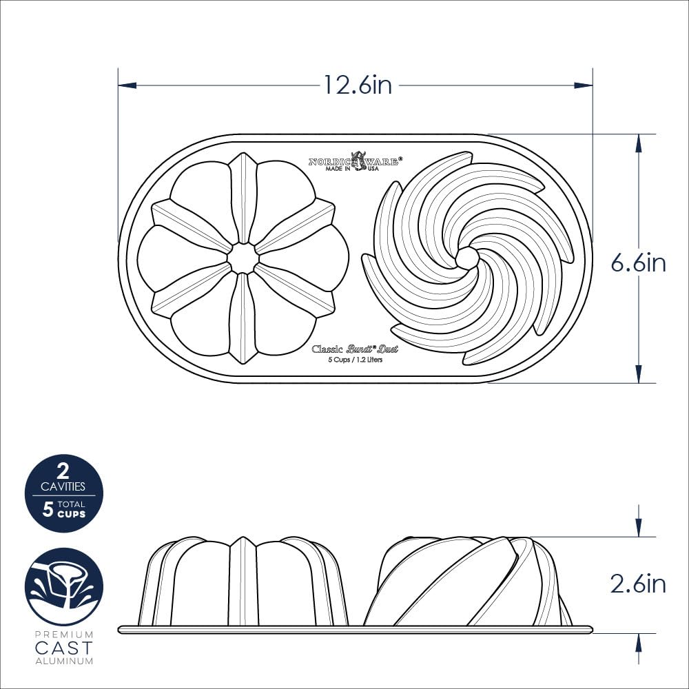 Classic Bundt Duet by Nordic Ware – 5 Cups, Aluminum, Gold, Model 97277