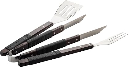 Tablecraft 12880 3-Piece BBQ Grilling Tool Set, 19.6” Stainless Steel, Soft-Grip TPR & Acacia Wood Handles, Includes Turner, Fork & Tongs, Outdoor Barbecue Cooking Tools