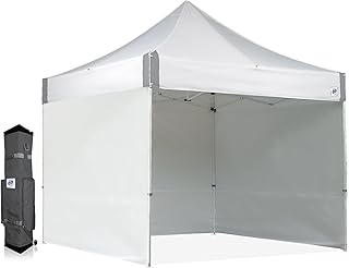 E-Z UP ES100S Instant Commercial Pop Up Canopy Tent, 10' x 10' with 3 Sidewalls, 1 Mid-Zip Sidewall and Wide-Trax Roller Bag, White