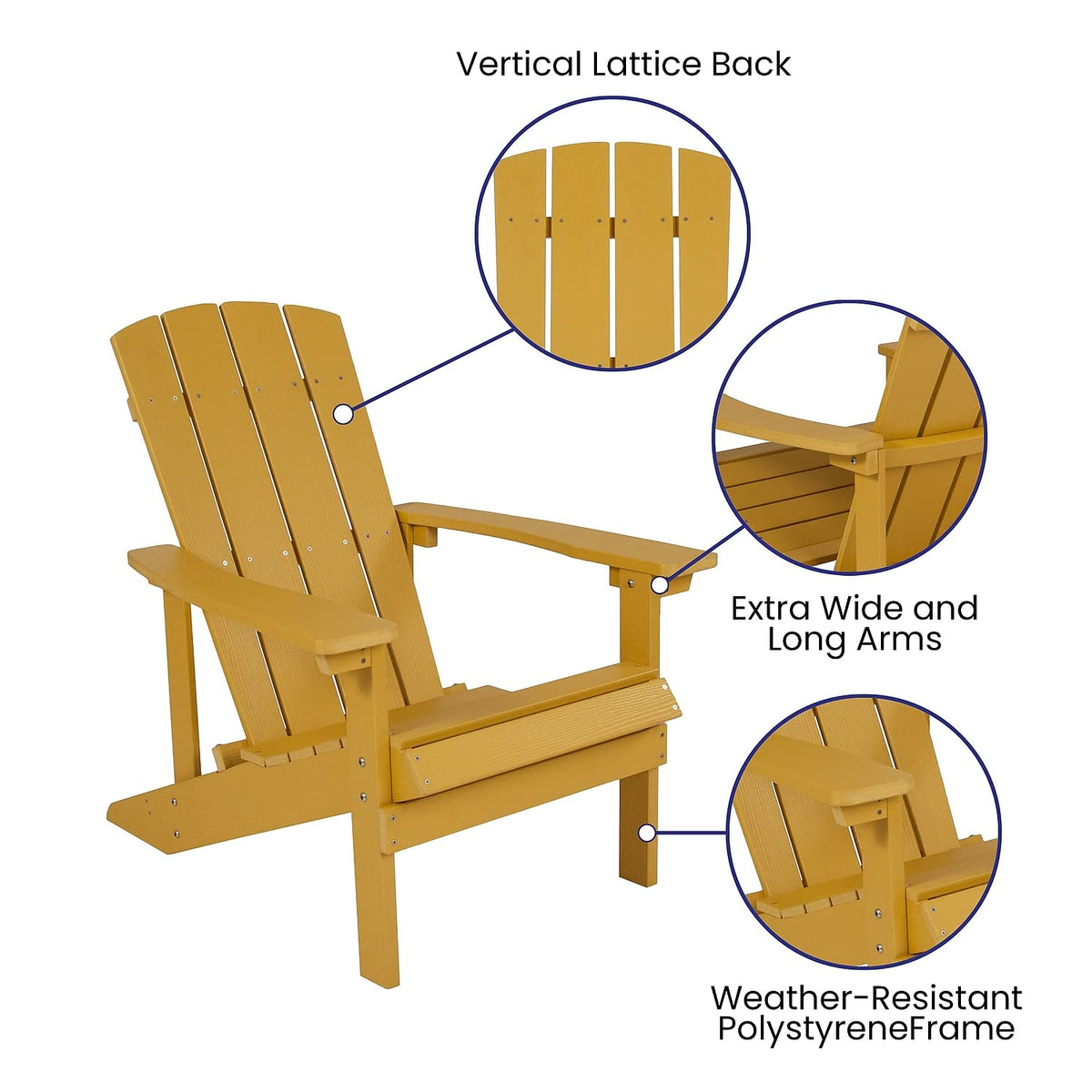 Charlestown Commercial Grade Indoor/Outdoor Adirondack Chair by Flash Furniture – Set of 1, Polystyrene, Yellow, Model JJ-C14501-YLW-GG
