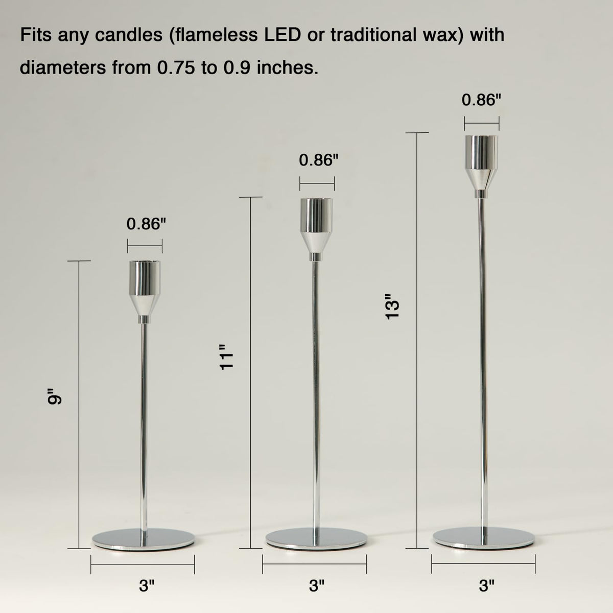 Pickood Taper Candle Holder Set, 9 to 13 Inch Heights, Chrome Silver
