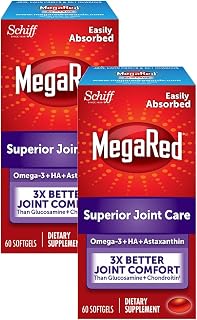 MegaRed 353mg Omega-3 Krill Oil Joint Care Supplement with EPA/DHA Fatty Acids, Antioxidants, Hyaluronic Acid, No Fishy Burp Aftertaste as with Fish Oil, 60 Count Softgels (2 Pack)