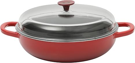 Crock Pot Artisan 5-Quart Enameled Cast Iron Braiser Pan With Oven Safe Borosilicate Glass Lid, Everyday Covered Skillet for Searing, Roasting, and Baking, Red