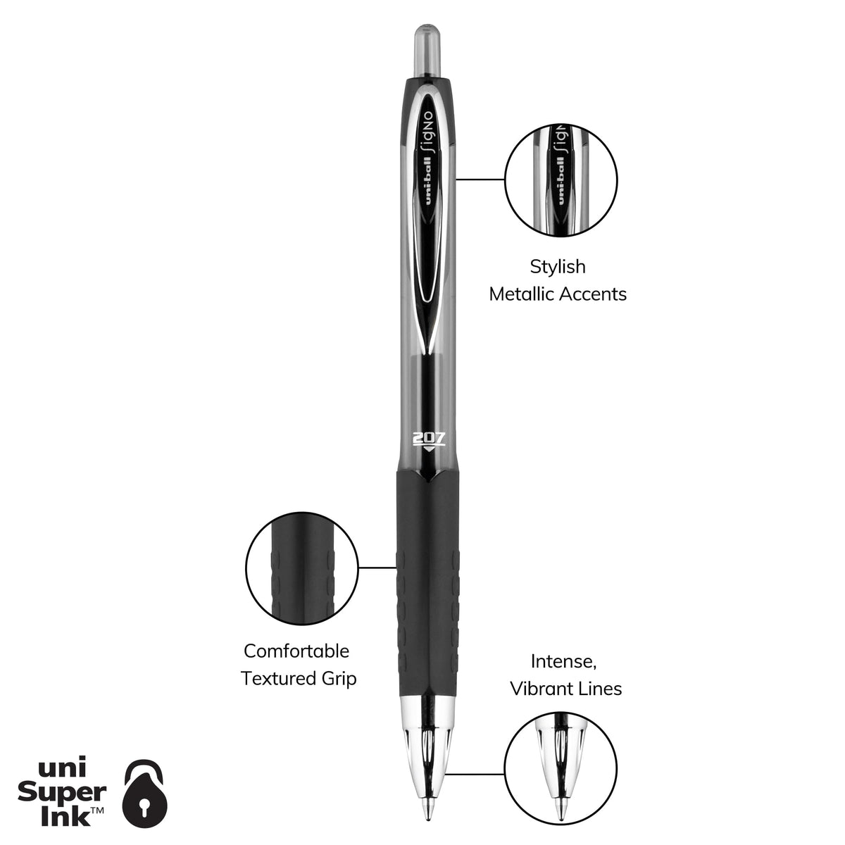 ® 207™ Retractable Fraud Prevention Gel Pens by Uni-Ball – 1 Count (Pack of 4), Plastic, Blue; Black; Red, Model 33961