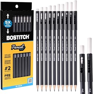 Bostitch Wood-Cased Pencil Plus, Retractable Eraser, American Cedar Wood, #2 HB, Round, Matte Black, Pre-sharpened, Ten Pack