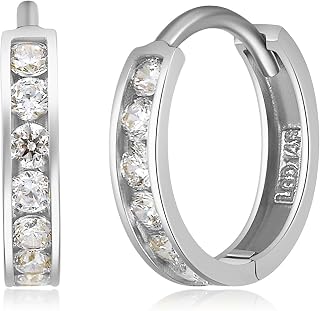 Ladies 14k White Gold Polished 2mm CZ Channel-set Hoop Huggies Earrings (12 x 12 mm)