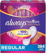 Always Radiant Liners, Unscented, 96 Count,Pack of 4 (Total 384 Count) (Packaging May Vary)