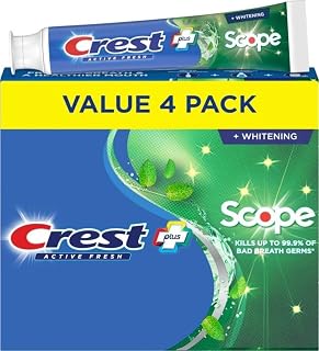 Crest Scope, Active Fresh, Teeth Whitening Toothpaste for adults, 5.5oz 4 pack, Bad Breath Treatment, Breath Freshner, for Sensitive Teeth, Deep Stain remover, Travel Size Toiletries