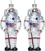 Set of 2 Astronaut Spaceman Blown Glass Christmas Ornament