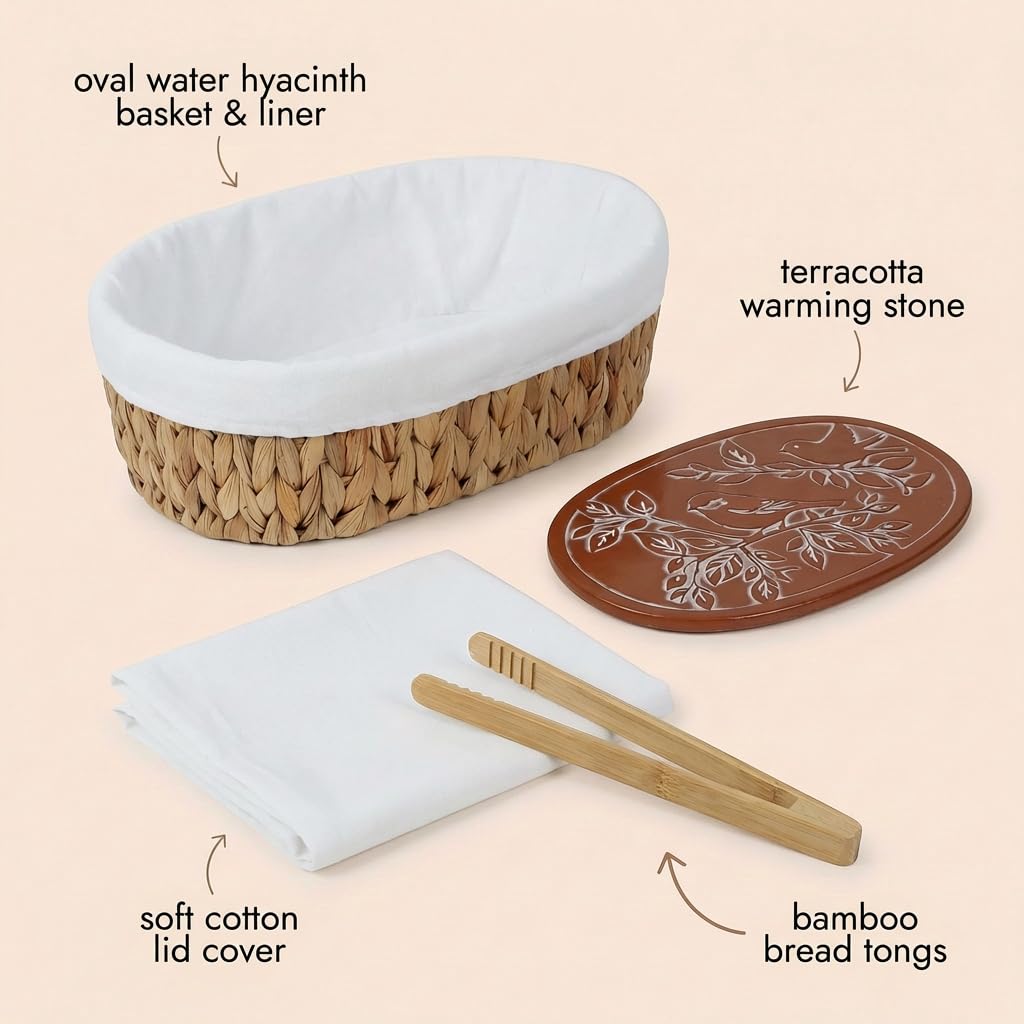 YANGQIHOME Woven Bread Basket with Warming Stone, 9 x 12.6 x 3.9 Inches, Water Hyacinth