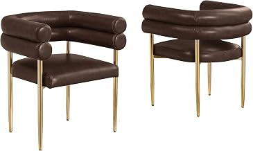 Modern Double Bolster Dining Chairs Set of 2, Leath-Aire Upholstered Tub Chairs with Gold Base, Mid-Century Accent Chairs for Dining Room, Living Room, & Office (Espresso/Gold)