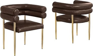 Modern Double Bolster Dining Chairs Set of 2, Leath-Aire Upholstered Tub Chairs with Gold Base, Mid-Century Accent Chairs for Dining Room, Living Room, & Office (Espresso/Gold)