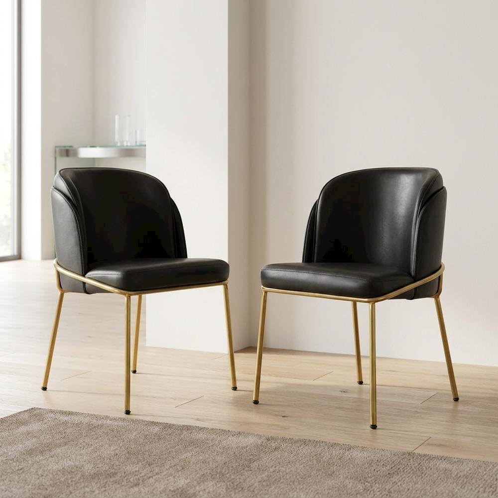 Vegan Leather-Upholstered Dining Chairs Set of by Starlight Canyon Home – Faux Leather, Black Vegan Leather/Gold, Pack of 2