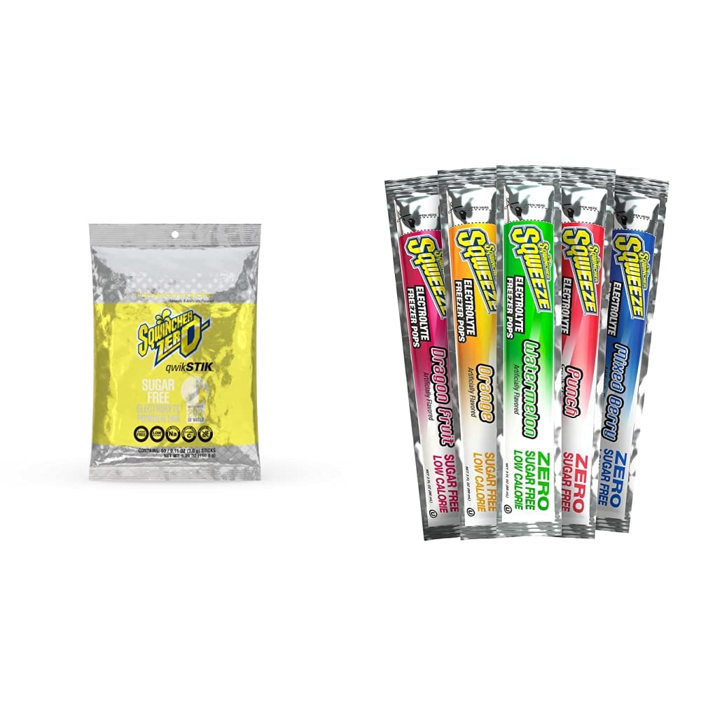 Zero Sugar Hydration Bundle with Lemonade Drink Mix (50 Pack) and Assorted Flavor Freezer Pops (50 Count) by Sqwincher – 0.11 Ounce (Pack of 50), 10 Count (Pack of 5)